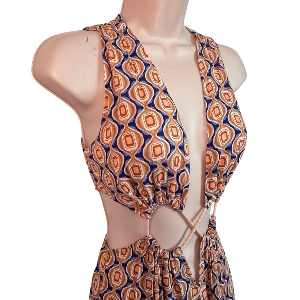 Seventeenstars Cut Out Maxi Dress Side Slit Blue Gold Cream Retro Print - Picture 7 of 16